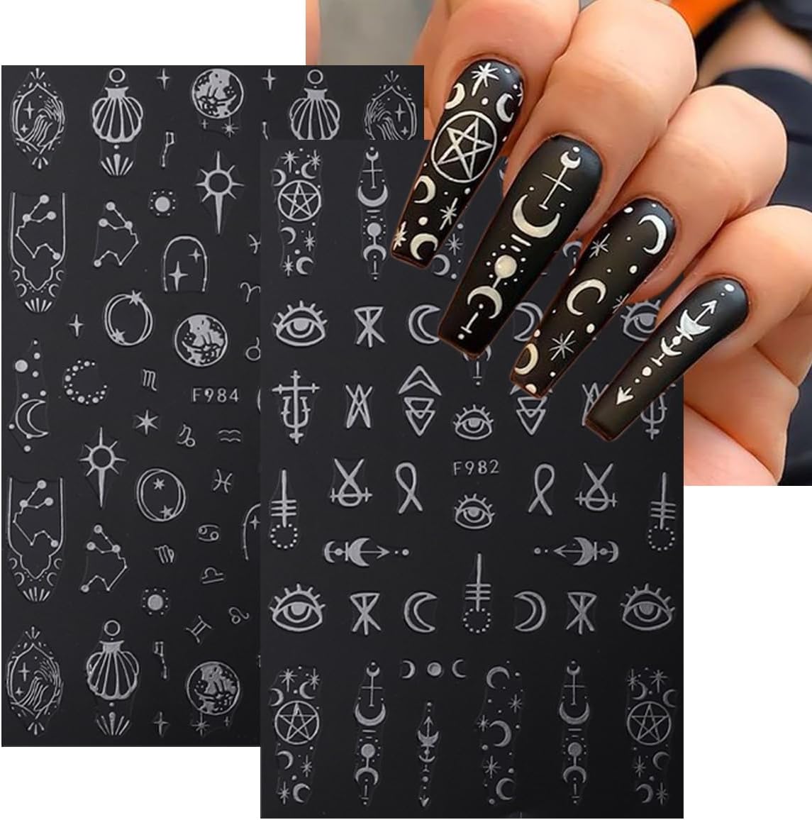 Silver Star Sun Nail Art Sticker Decals 3D Moon Nail Stickers 8 Sheets Self-Adhesive Sun Moon Star Nail Charm Design Nail Art Supplies Snake Eyes Nail Decals for Women Acrylic Nails Salon Decorations