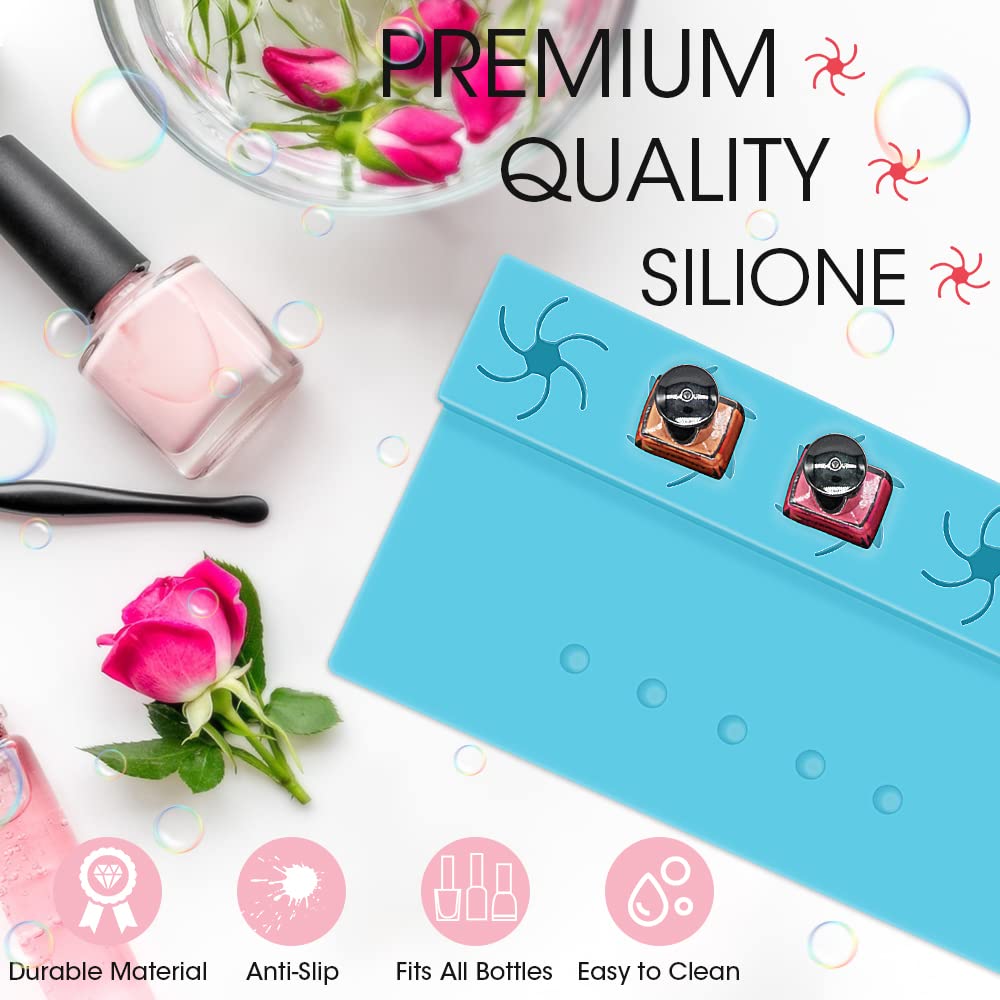 Nail Polish Holder, Silicone Hand Rest Mat Fingernail Painting Tools 2 in 1 Art Accessories Organizer Case Set with Anti-Spill Bottle Stand and Finger Separators for Pedicure Manicure-Blue