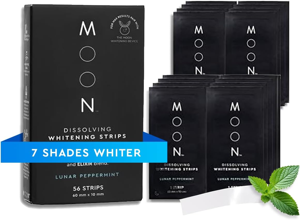 MOON Dissolving Teeth Whitening Strips - Vegan, Easy-to-Use, No Rinse White Strips - Hydrogen Peroxide and Essential Oils Infused Gentle Teeth Whitening Kit - Travel Essentials for Oral Care (56 Ct)