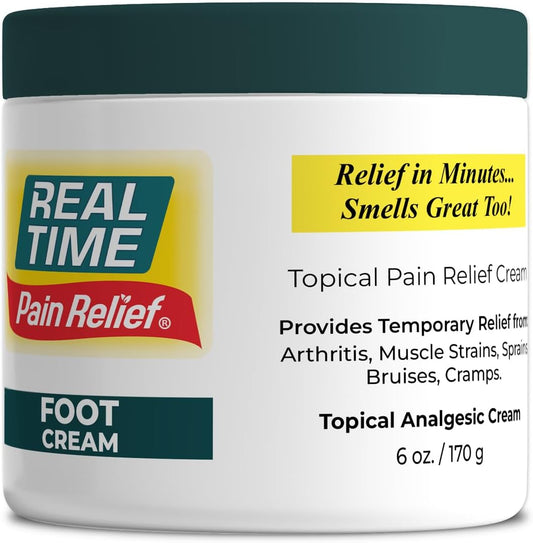 Real Time Pain Relief Foot Cream - 6oz Jar | Advanced Relief for Foot Pain, Muscle Strains, and Arthritis |15 Natural Ingredients Including Eucalyptus, Tea Tree Oil, Menthol, Vitamin E, and Emu Oil