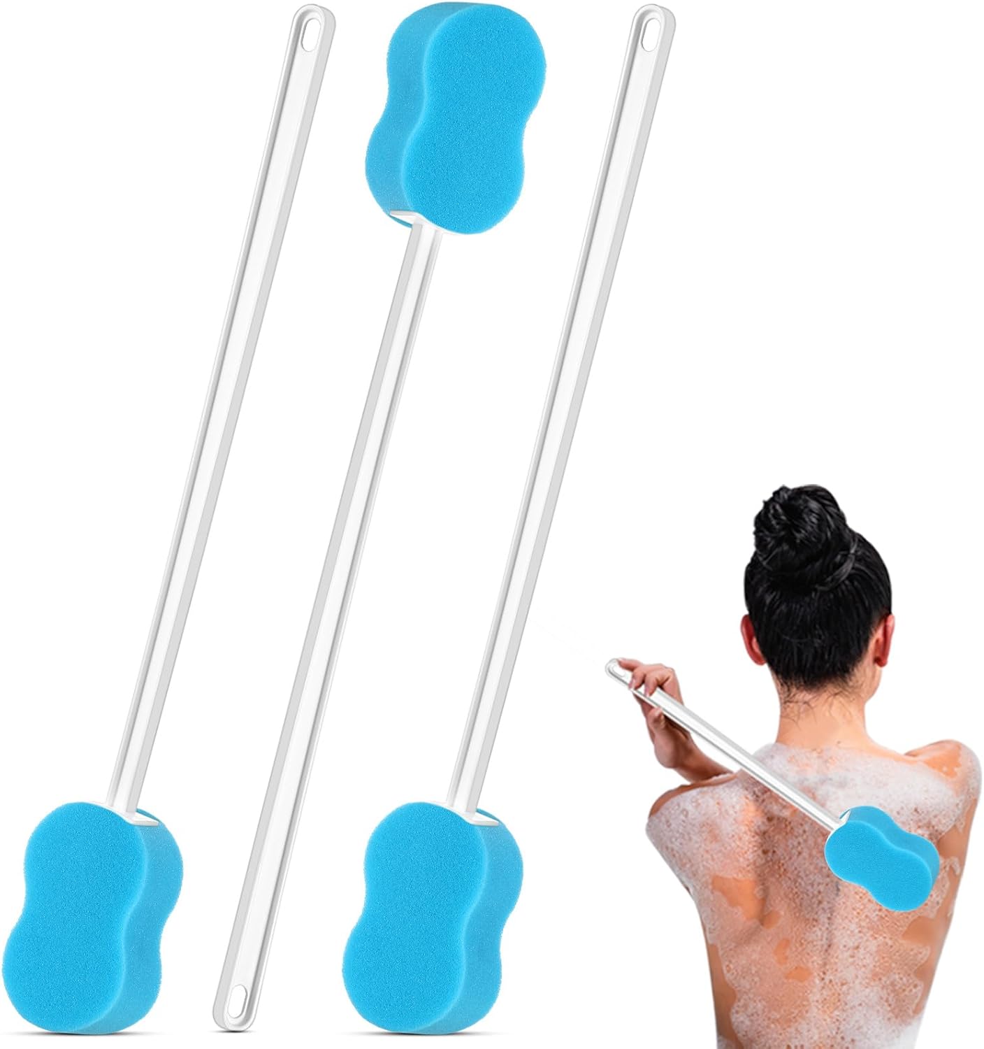 3 Pcs Long Handle Bath Sponge 22.4'' Back Sponge on a Stick Lightweight Back Washer Handled Butt Scrubber Shower Brush for Foot Body Cleaning Bathing Limited Motion (Blue)