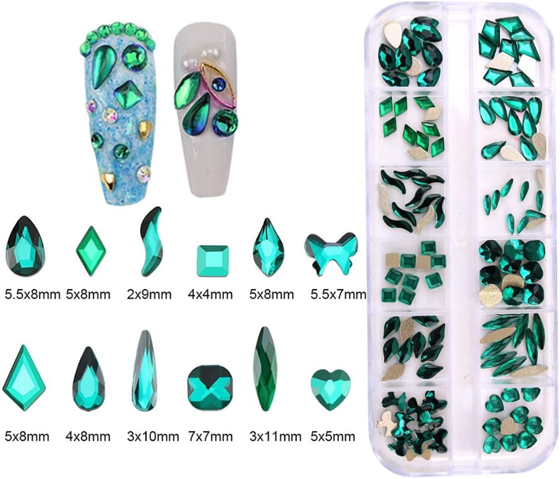 120pcs Flatback Rhinestones Glass Charms Diamantes Gems Stones for Nail Art Box Multi Shapes Dark Green