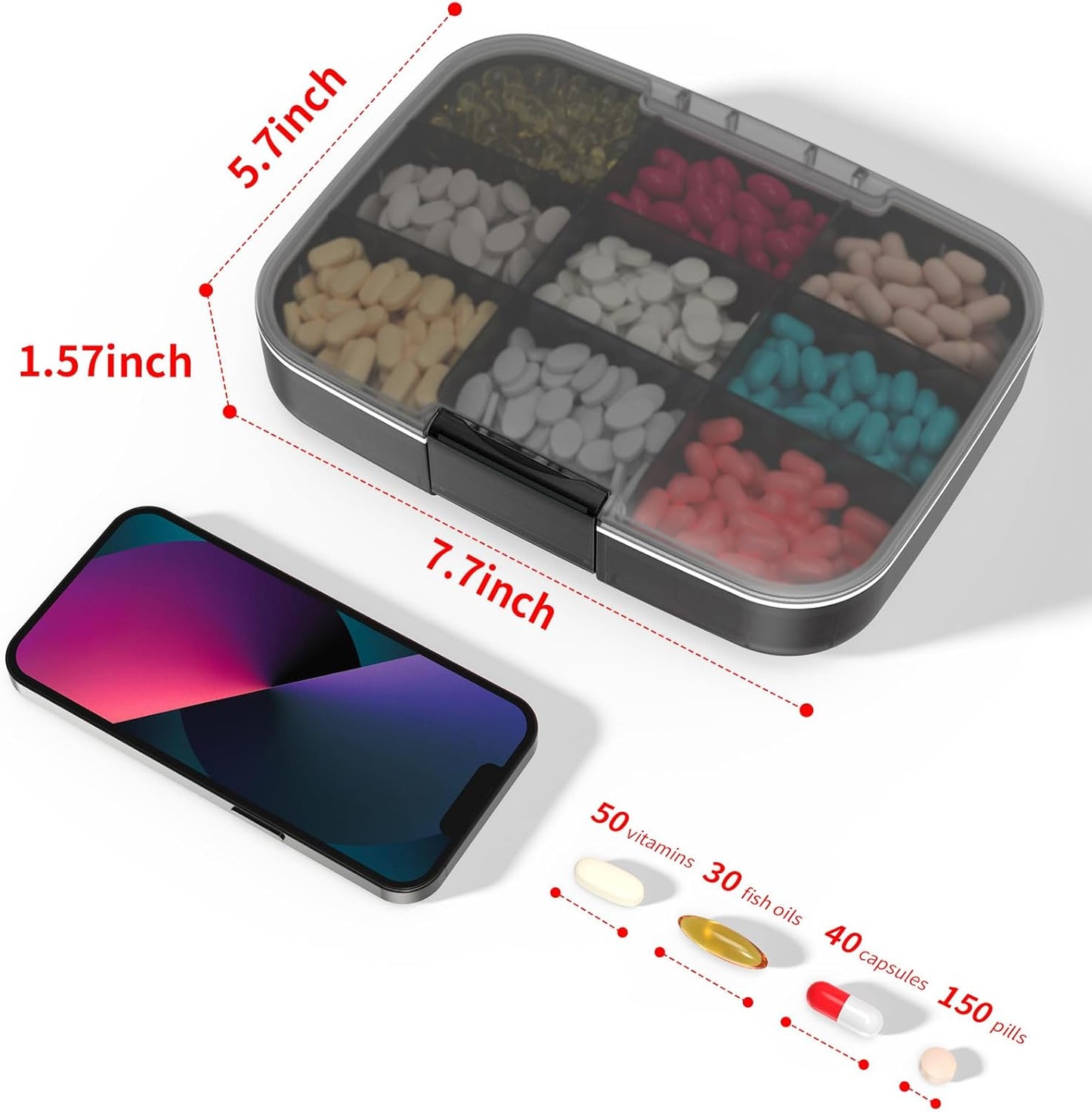 Restree Large Pill Organizer, Moisture Proof & Waterproof Travel Pill Case, Portable Medication Box with Adjustable Dividers for Vitamins Supplements Fish Oil and Daily Pills 9 Compartments (Black)