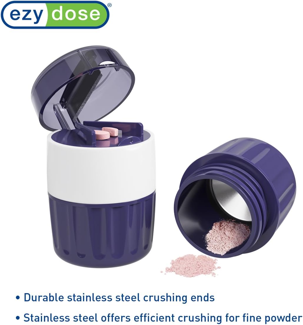 EZY DOSE Pill Crusher and Cutter 3-in-1, Crushes Cuts, and Stores Pills, Vitamins, Tablets, Built-In Storage Compartment, Features Stainless-Steel Blade, Portable and Travel-Friendly, Purple, BPA Free