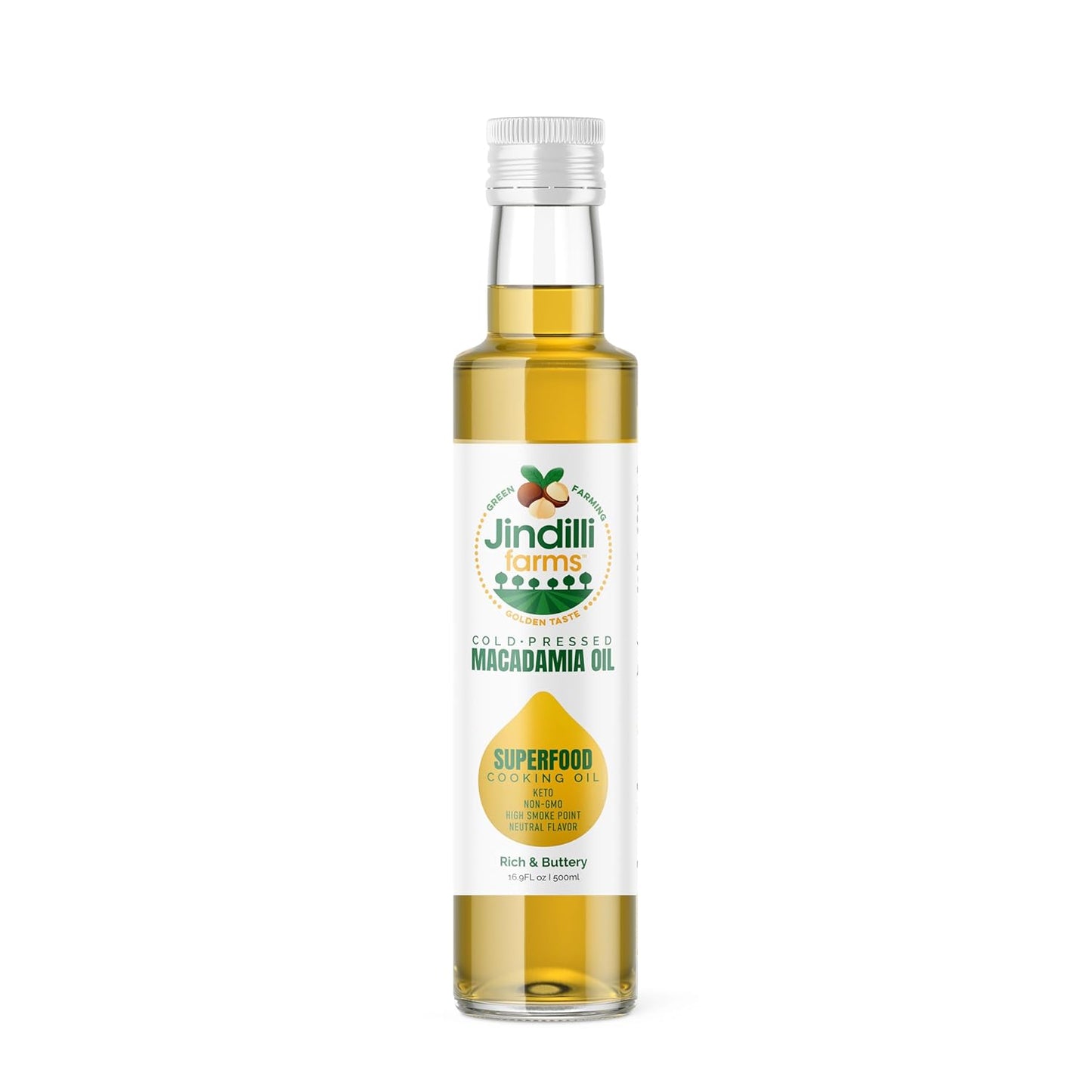 Jindilli Farms Macadamia Nut Cooking Oil- Australian Pure Cold Pressed Oil, Unrefined, Natural, High Smoke Point for Frying, Non GMO, Vegan, Keto Friendly and Gluten Free (16.9 fl oz)