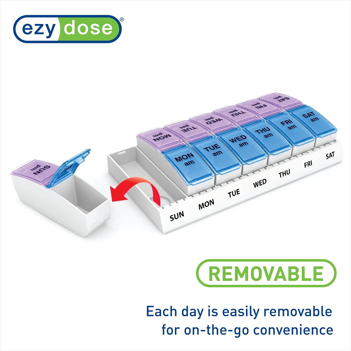 EZY DOSE Weekly (7-Day) AM/PM Pill Organizer, Vitamin and Medicine Box, Large Pop-out Compartments, 2 Times a Day, Blue and Purple Lids