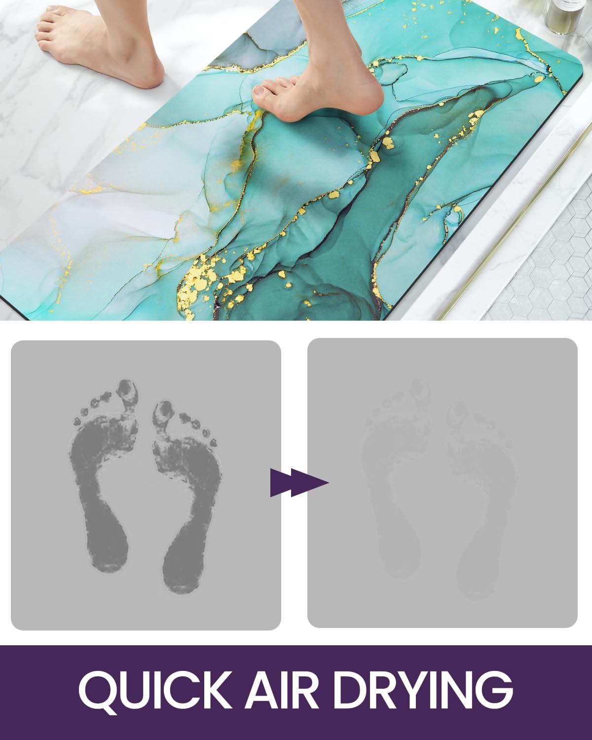 DEXI Bathroom Mat Ultra Thin, Non Slip Bath Rug for Shower Floor, Absorbent Quick Dry Marble Bathmats Low Profile, 17x43, Turquoise Green