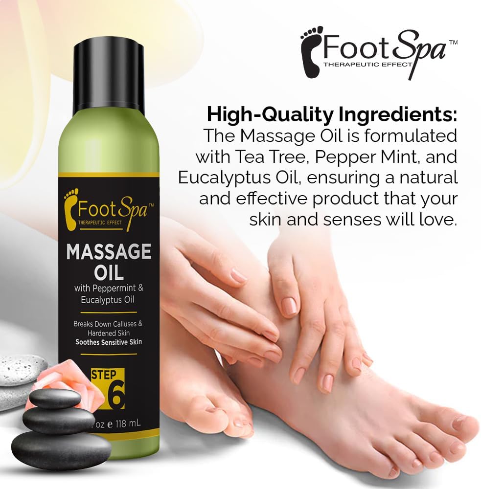 Foot SPA - Massage Oil, with Tea Tree, Pepper Mint, Eucalyptus Oil, 8 Oz - Professional Full Body Massage Therapy, Manicure, Pedicure - Relax Sore Muscles and Repair Dry Skin