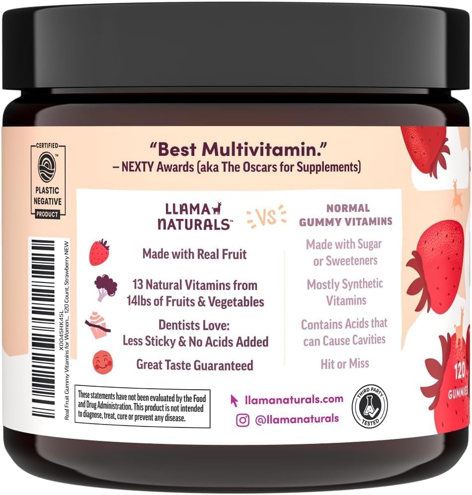 Llama Naturals Multivitamin for Women, Vegan, Organic Gummies with Vitamin D, C and K, Women's Real Fruit Gummy Vitamins, Chewable Multivitamin Supplement, No Added Sugar Cane, Cherry, 120 Ct