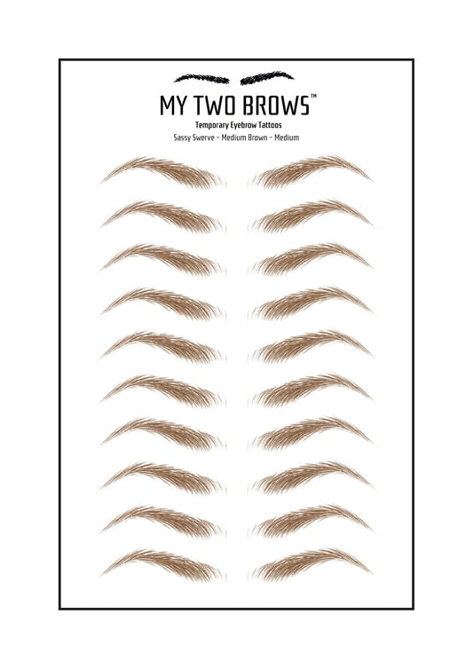 (10 pairs) Medium Brown Temporary Eyebrow Tattoo - Medium Size - Waterproof & Smudgeproof - Sassy Swerve Style Eyebrow Stickers - Sheet Lasts up to 30 Days - Won't Work on Existing Brows