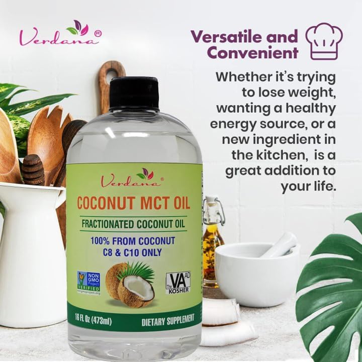 Verdana MCT Oil – 16 Fl Oz Dietary Supplement – 100% Coconut Derived, Fractionated, Food Grade – for Oil Pulling, Keto Coffee, Oral Rinse, Massage & Aromatherapy – Vegan, Non-GMO, Kosher