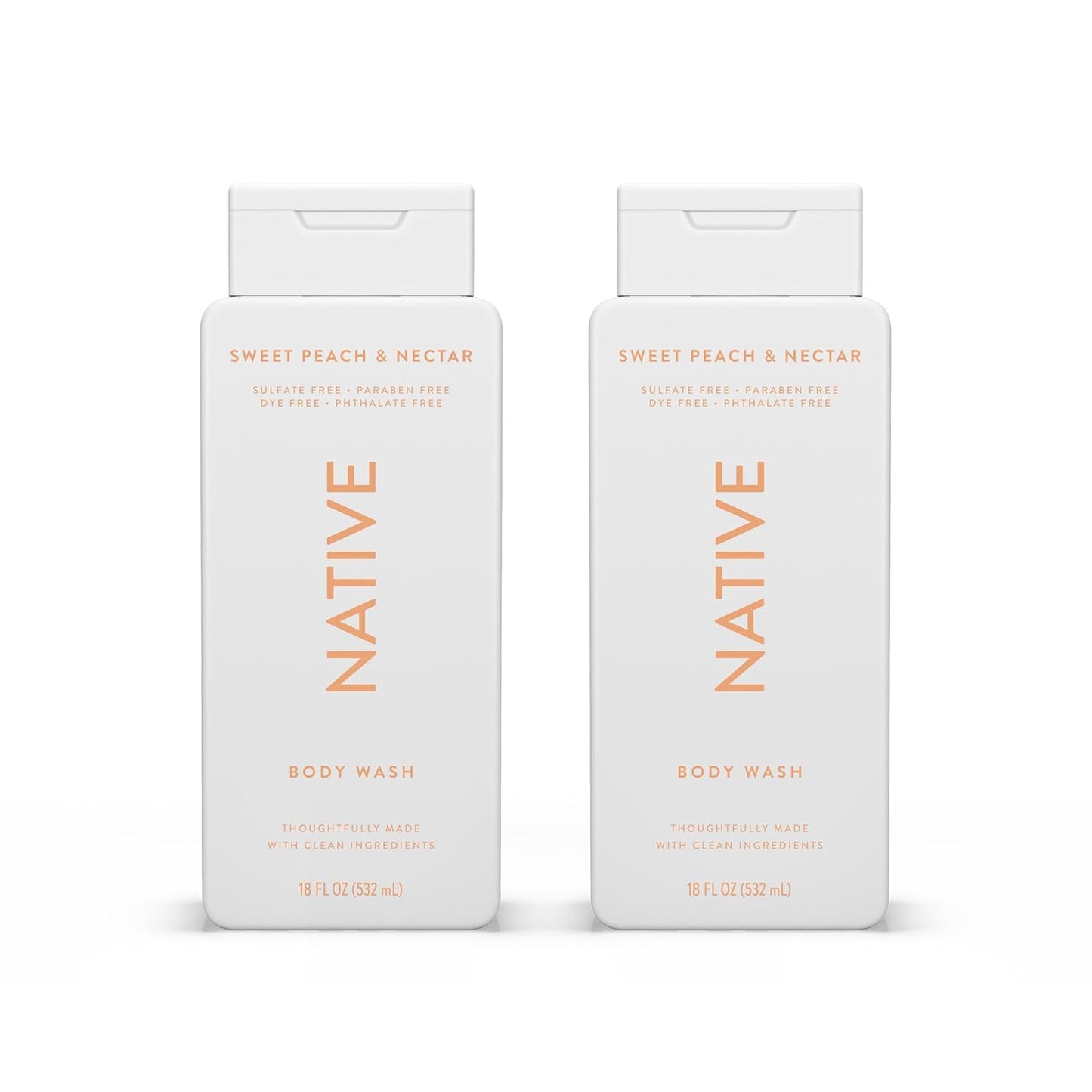 Native Body Wash Contains Naturally Derived Ingredients | For Women & Men, Sulfate, Paraben, & Dye Free Leaving Skin Soft and Hydrating | Sweet Peach & Nectar 18 oz - 2 Pk