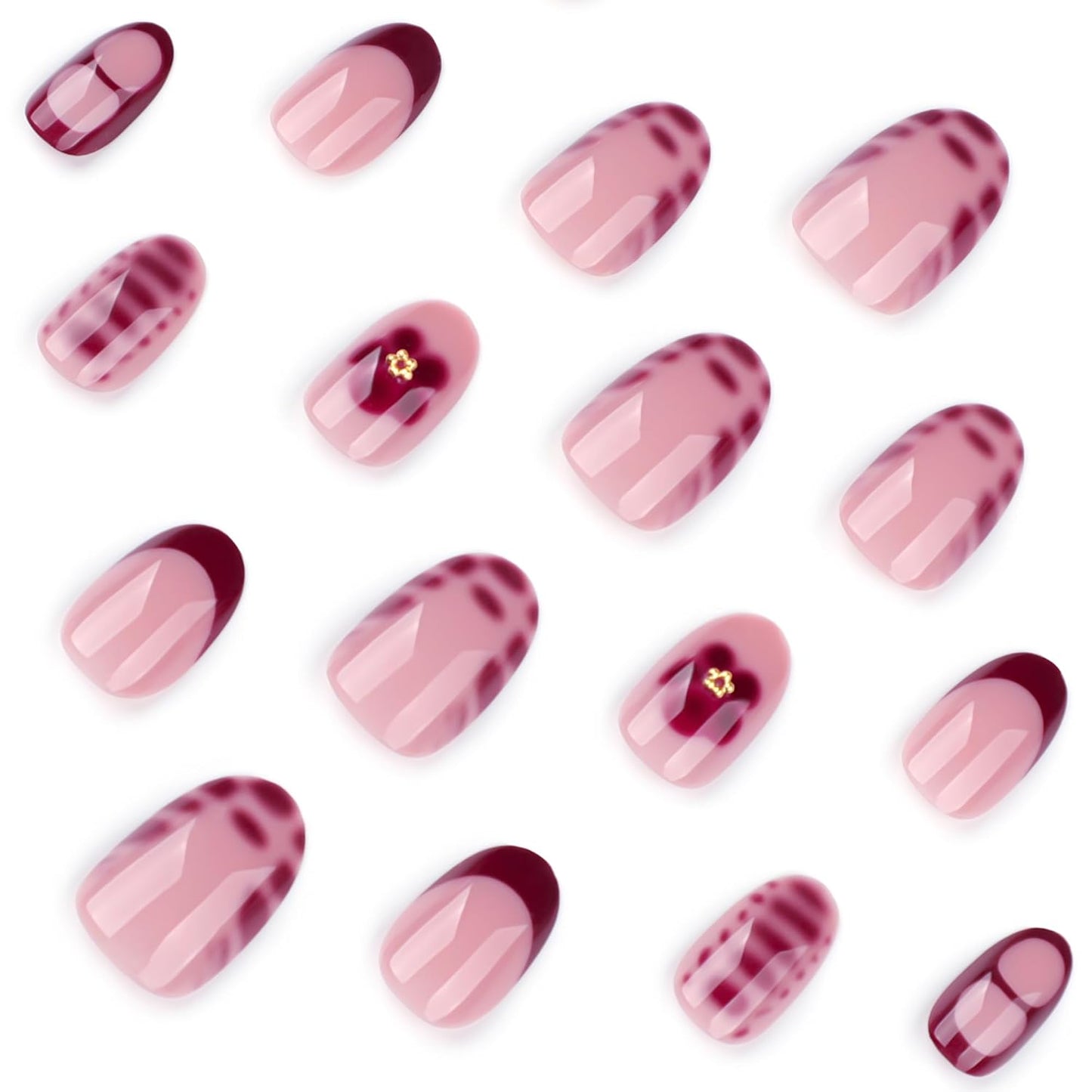 Red Press On Nails Short Oval, Summer Fall Fake Nails with Red French Tips and Elegant Petal Accent Designs, Glossy Gel Finish Acrylic Nails, Thick Reusable Glue On Nails Kit for Women, 24 Pcs