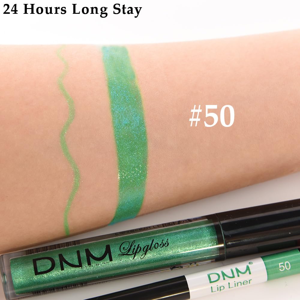 evpct 2Pcs Green Shimmer Glitter Shiny Liquid Lipstick Lip Gloss Stain and Retractable Lip Liner Makeup Set for Women Long Lasting Waterproof 24 Hours Lipstick labial mate larga duracion 24 50#