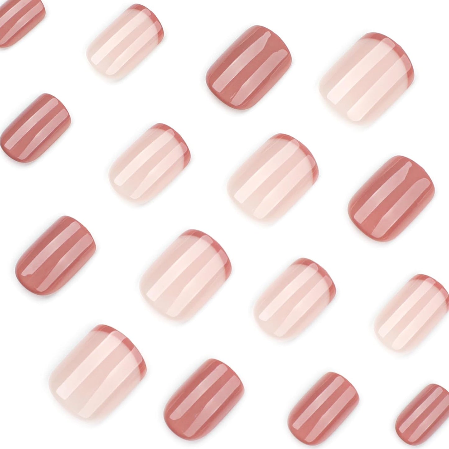 Brown French Tips Press On Nails Short, Acrylic Press On Nails Square with Nail Glue, Glossy Fake Nails Kit, Thick Natural Reusable Glue On Nails for Women, 24Pcs