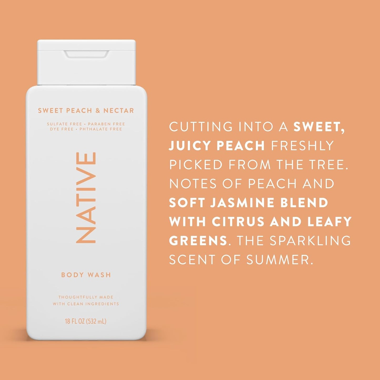 Native Body Wash Contains Naturally Derived Ingredients | For Women & Men, Sulfate, Paraben, & Dye Free Leaving Skin Soft and Hydrating | Sweet Peach & Nectar 18 oz - 2 Pk