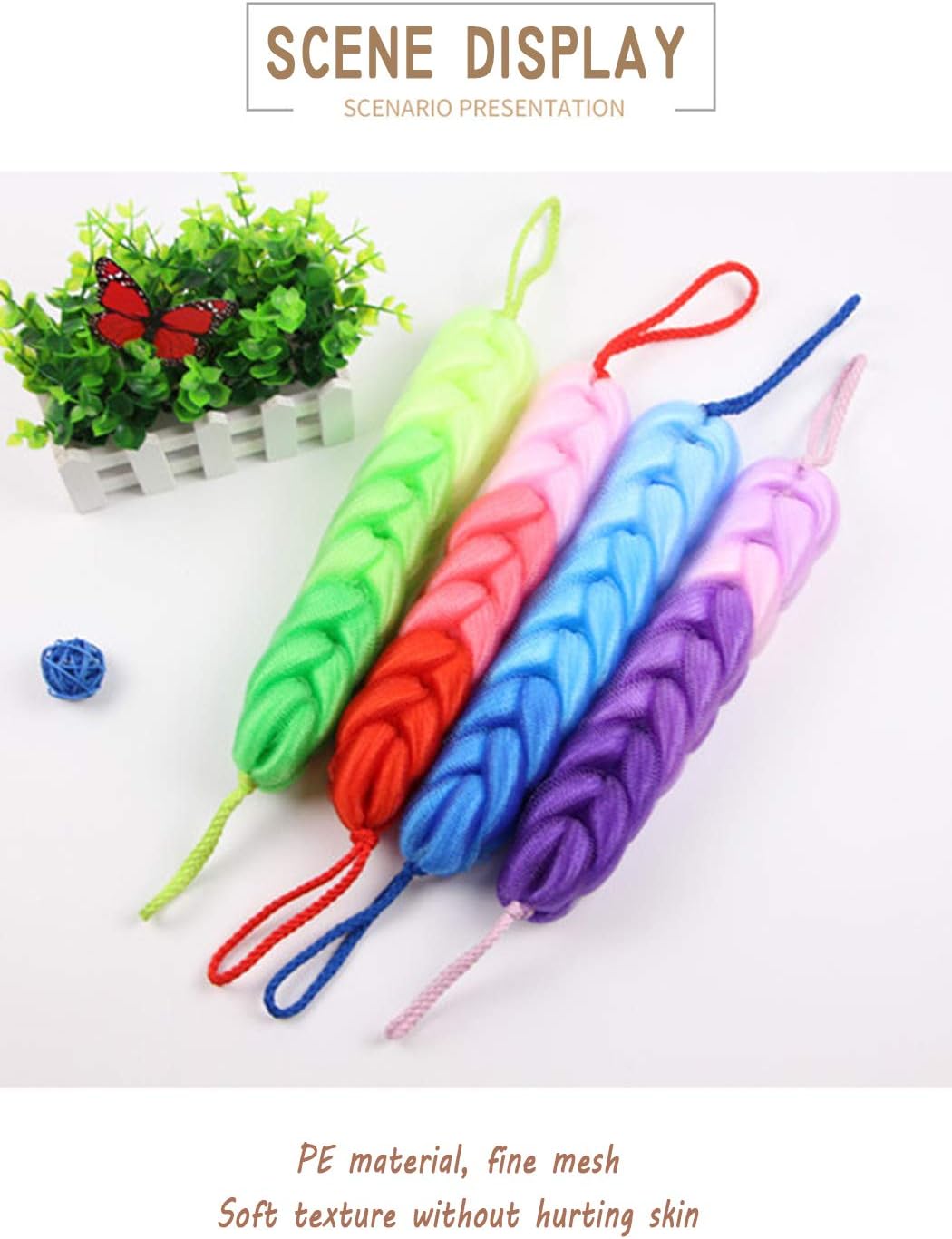 AARainbow 4 Packs Long Stretch Back Sponge with Rope Handles Back Scrubber Body Sponges for Bathing, Bath Shower Mesh Sponge Body Deep Cleaning for Men & Women (H-Gradient Color)