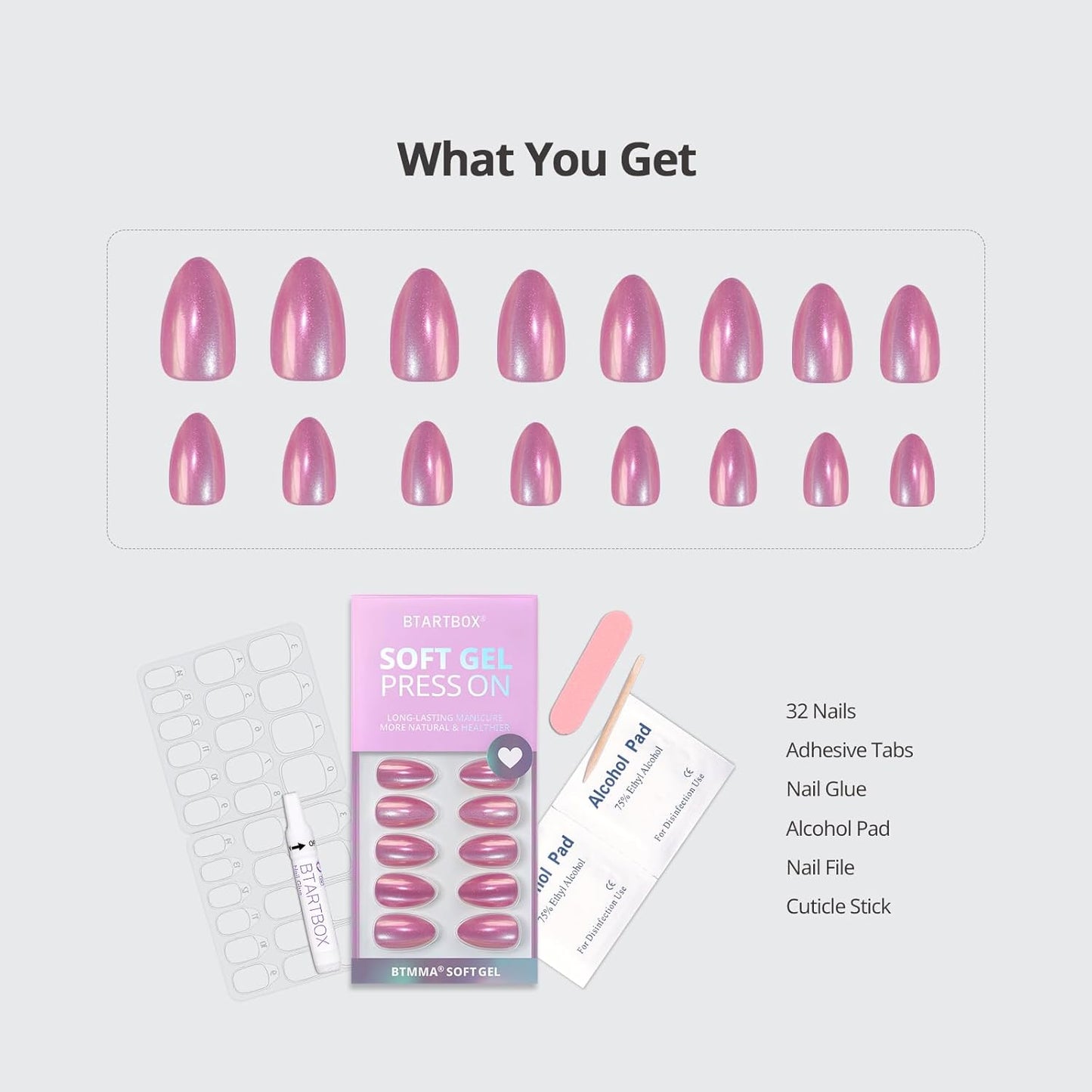 BTArtbox Press On Nails Short - Pink Cat Eye Almond Press On Nails with Glue for Women, Opaque Soft Gel Glue On Nails in 16 Sizes - 32 Stick On Nails Kit, Dreamy