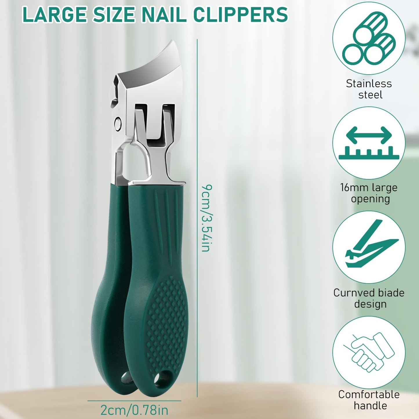 Eagle Beak Beveled Nail Clippers, Upgrade Stainless Steel Wide Jaw Opening Anti-Splash Nail Clipper Set of 3-Piece, Long Handle Angled Nail Clipper for Ingrown & Thick Nail for Men Women (Green)