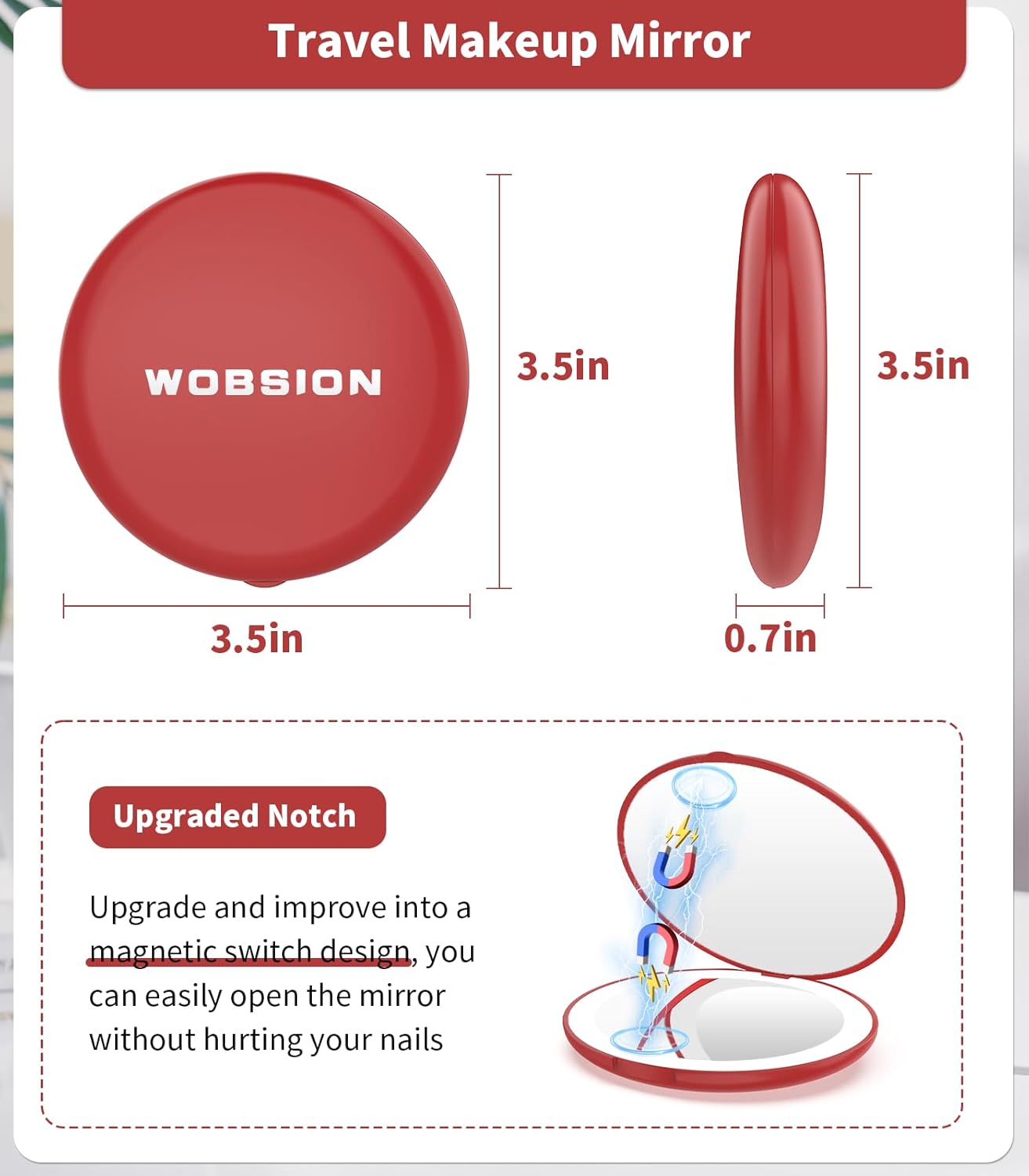 WOBSION Travel Compact Mirror,Portable 1x/10x LED Makeup Mirror with Magnification,Handheld 2-Sided Pocket Mirror, 3.5in Small Mirror for Purse,Handbag,Gift,Wine Red