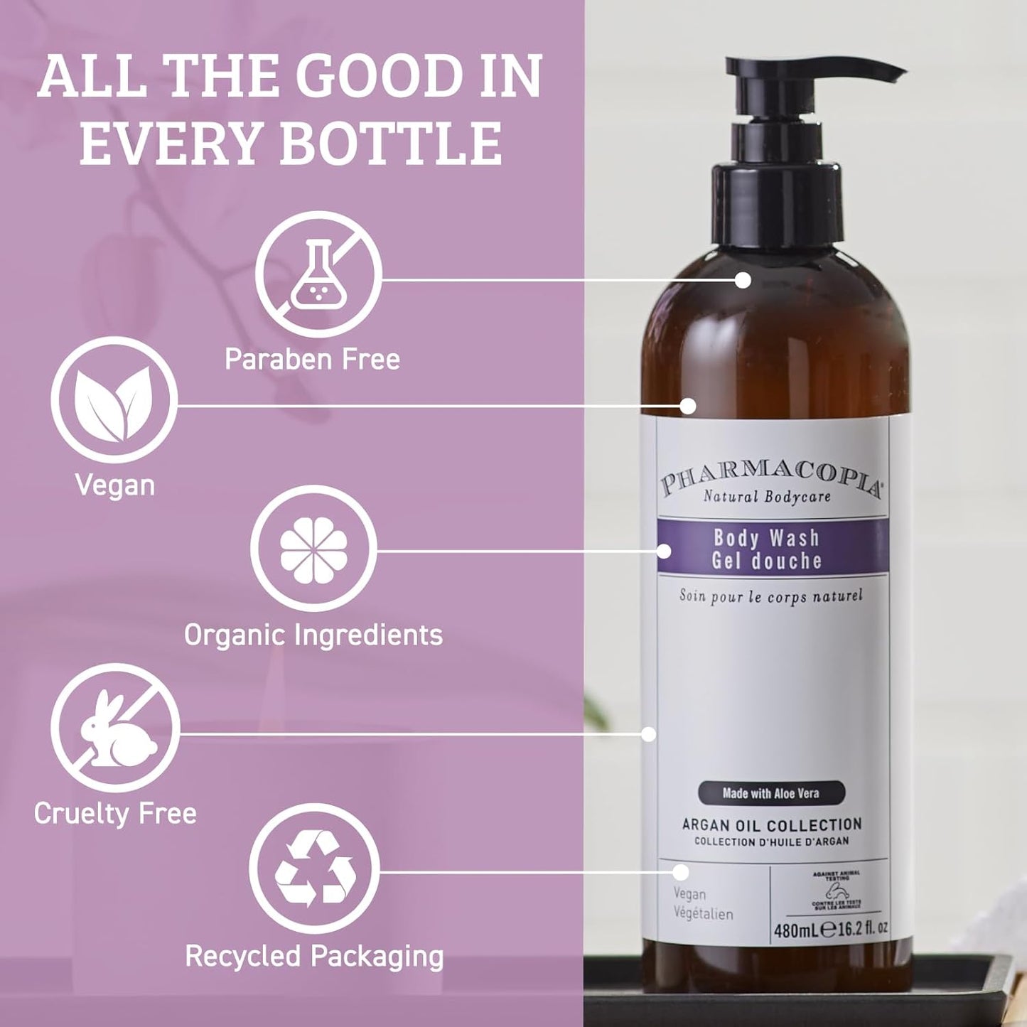 Pharmacopia Hotel Argan Oil Body Wash - Vegan Moisturizing Shower Gel with Aloe Vera, Coconut Oil and Green Tea Extract - Natural, Organic and Cruelty-Free Skin Care for Men and Women, 16.2 oz