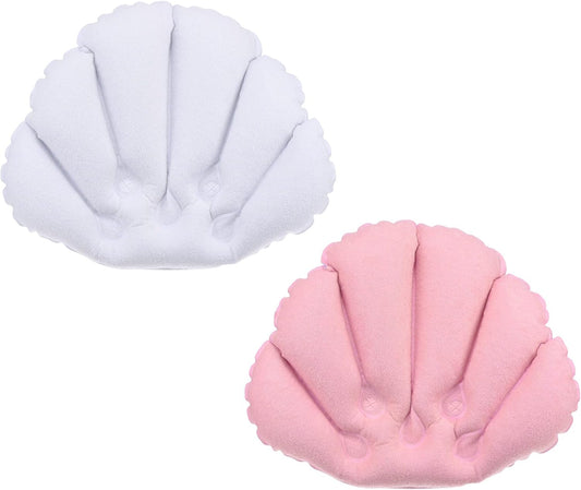 PATIKIL Inflatable Bath Pillow with Suction Cups, 2 Pack Terry Cloth Covered Shell Shape Soft Bath Spa Cushion Neck Support for Bathtub Hot Tub (Pink, White)