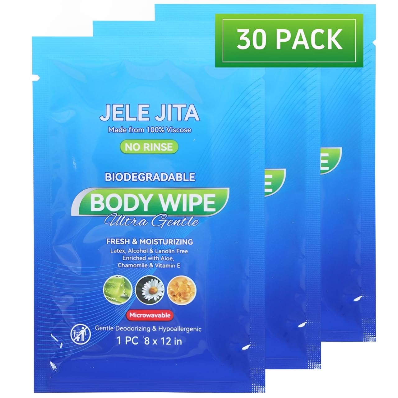 Ultra Gentle Body Wipes No Rinse, 30 Individually Wrapped Personal Hygiene Shower Wipes for Women and Men, Spa-Grade Comfort, Biodegradable, Great for Gym Travel Camping Post Surgery 8"x12" Unscented