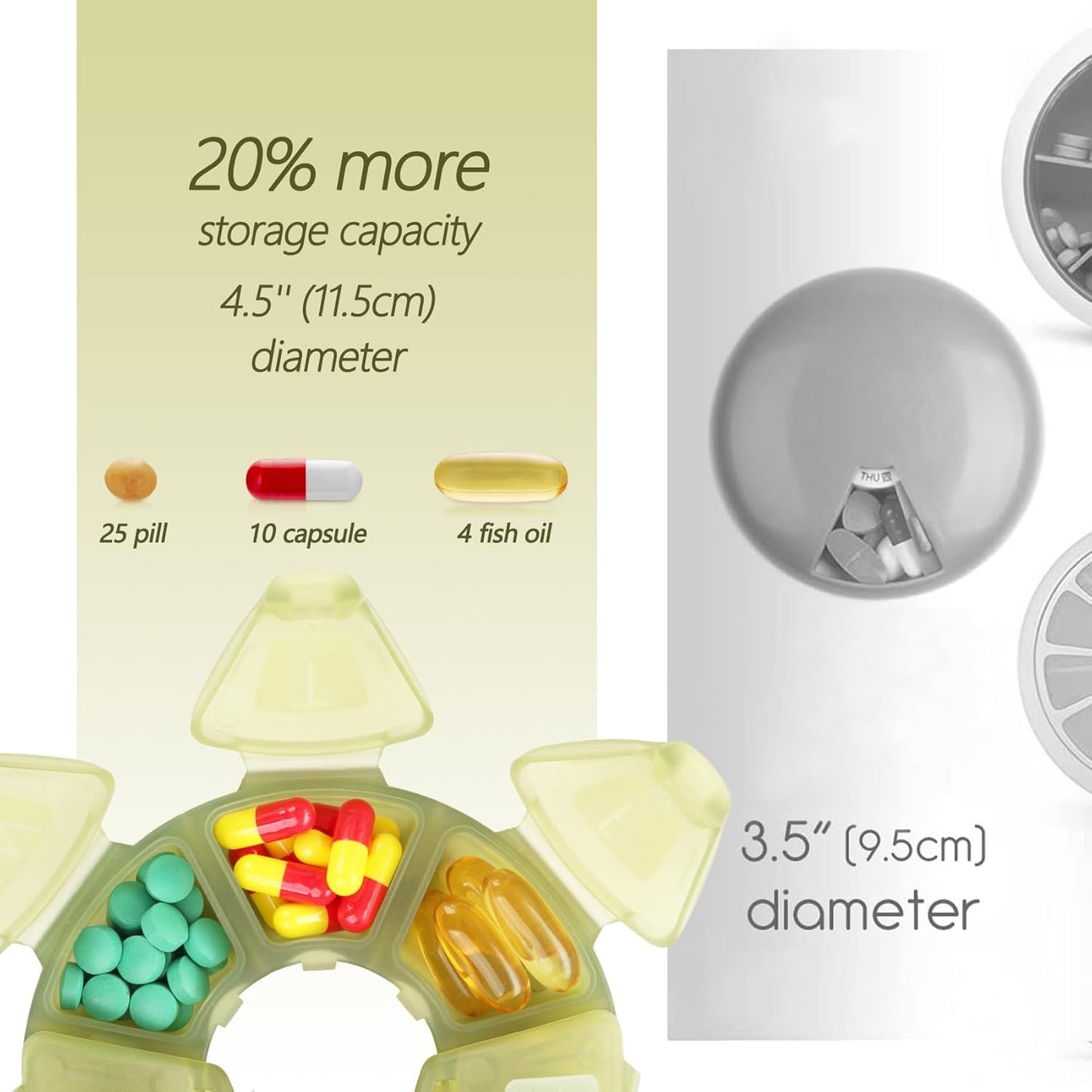 Round Weekly Pill Organizer, TPU Rubberized, Travel Pill Container 7 Day, with 7 Large Compartments, Great for Daily Vitamins & Supplements, Cute Pill Case with Large Letters and Braille (Olive)