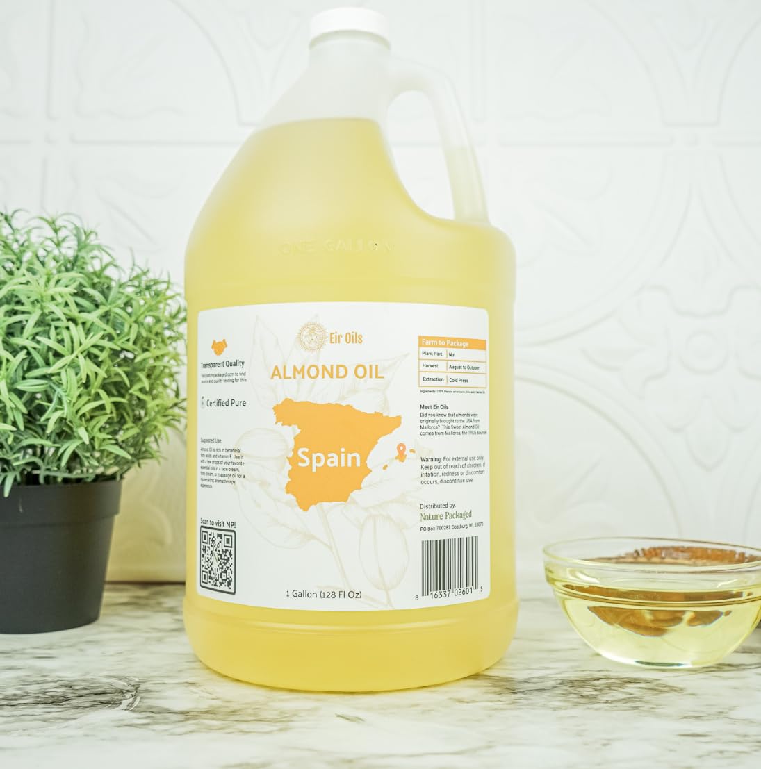 Nature Packaged Sweet Almond Oil - for Skin and Hair - Carrier Oil for Essential Oils Mixing - From EIR Oils' Farm in Mallorca, Spain - 4 Gallons