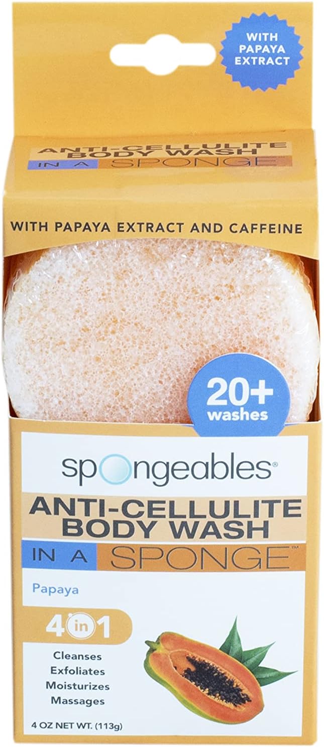 Spongeables Anti-Cellulite Body Wash in a Sponge, Reduce the Appearance of Cellulite, Moisturizer and Exfoliator for the Body, Papaya Scent, 20+ Washes, Pack of 1 (Pack of 2)