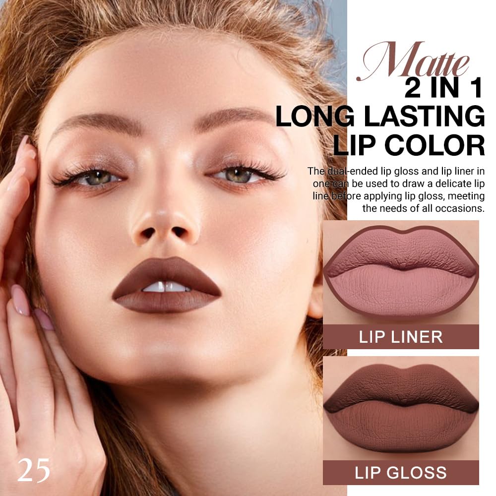 evpct 1Pcs Nude Brown Matte Lip Liner and Liquid Lipstick Stain Makeup Set for women, Brown Long Lasting Smudge Proof Lipstick labiales matte mate larga duracion listip 24 hours originales, 25#