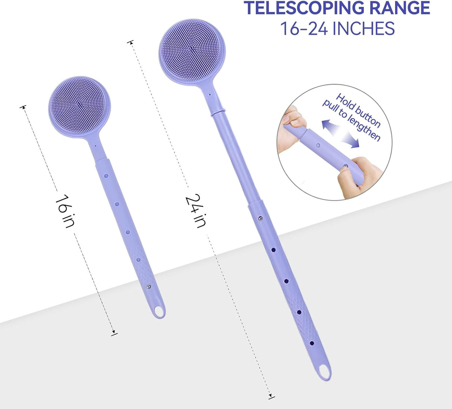 Back Scrubber for Shower, (16-24 Inch) Extendable Bath Brush Long Handle for Shower, Silicone Body Scrubber with Handle, Back Brush for Shower Men and Women,Easy to Clean (Purple)