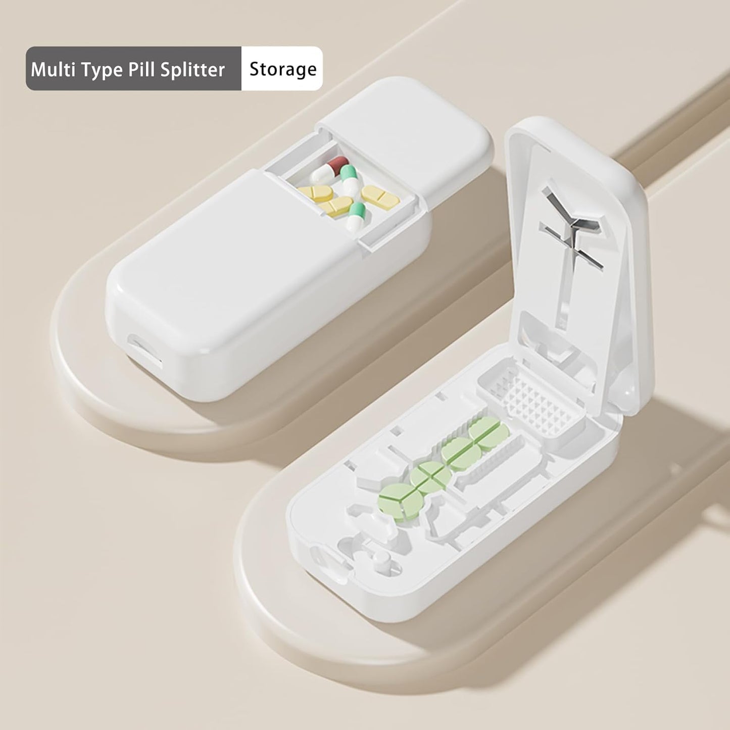 Precision Pill Cutter with Centering Guide - Multi-Angle Tablet Splitter for 1/2, 1/3 & 1/4 Cuts, Includes Pill Crusher & Storage Compartment (White)