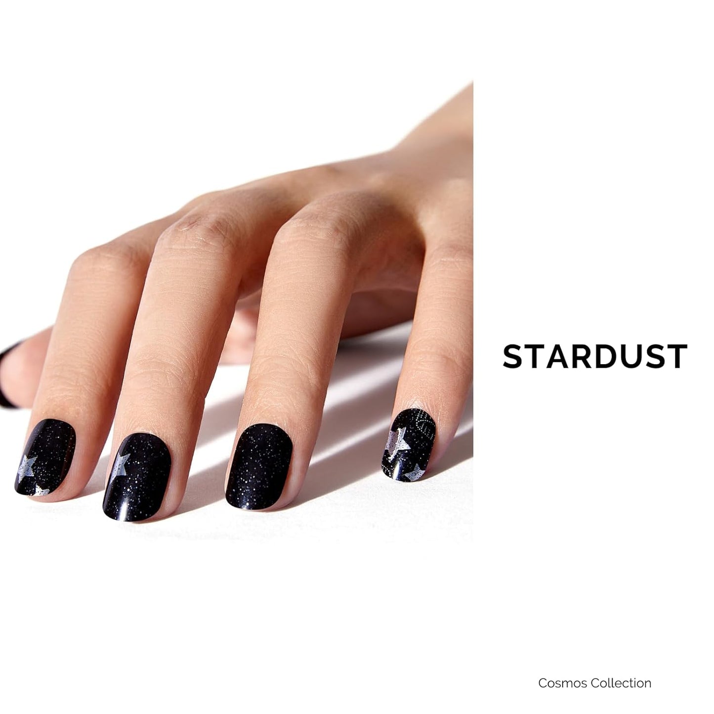 Semi Cured Gel Nail Strips - NAILOG 34 Pcs Gel Nail Stickers Buy 2 Get 1 UV Light | Long Lasting Nail Wraps with Glossy Gel Finish Black, Stardust