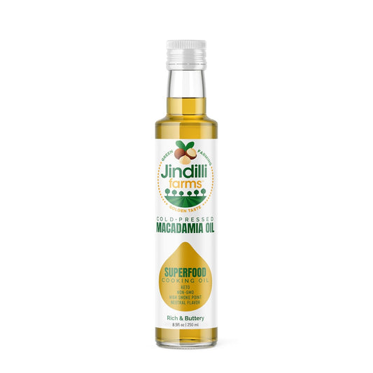 Jindilli Farms Macadamia Nut Cooking Oil- Australian Pure Cold Pressed Oil, Unrefined, Natural, High Smoke Point for Frying, Non GMO, Vegan, Keto Friendly and Gluten Free (8.5 fl oz)