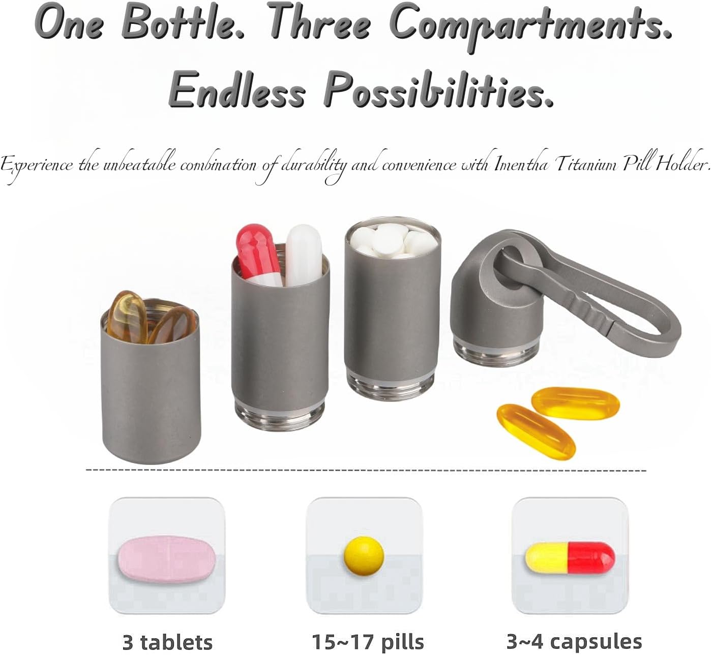 Titanium Keychain Pill Holder - Compact, Durable, and Waterproof 3-Compartment Small Pill Case - Portable and Versatile Medicine Container for Everyday Use and Travel (Titanium Grey)
