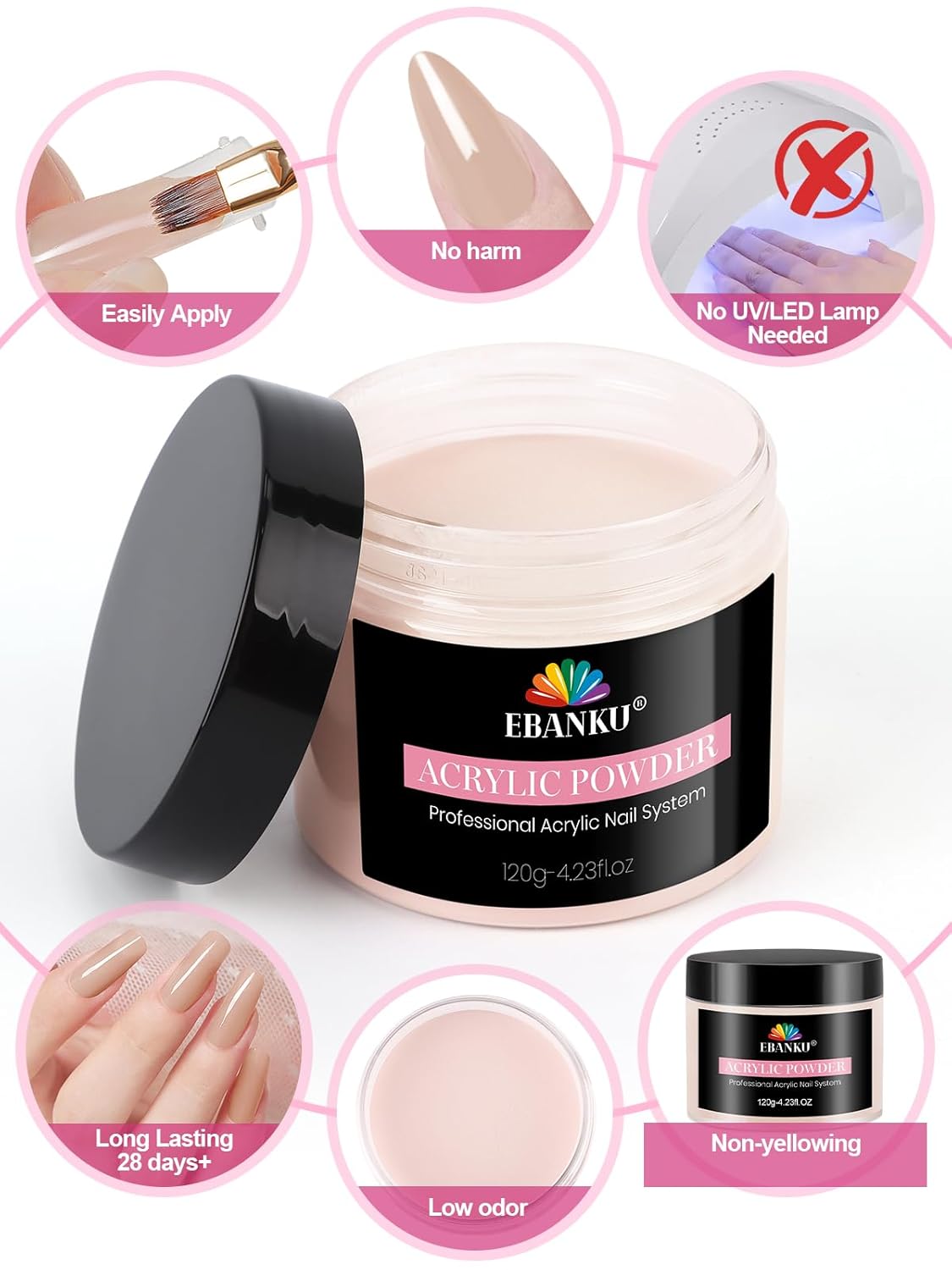 EBANKU Acrylic Powder, Cover Pink Acrylic Nail Powder 120g/4.23oz Large Capacity Professional Nail Powder for Nail Acrylic Extension, Nail Carving, Long-Lasting, No Nail Lamp Needed