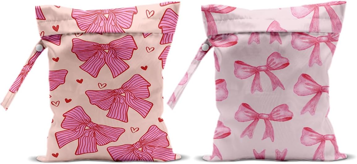 2Pcs Pink Bow Wet Bags 12x10 Inch, Heart Waterproof Travel Laundry Bags, Washable Reusable Wet Dry Bag for Swimsuit Pool Beach Diapers Dirty Yoga Gym Clothes, Pink Gifts for Women Friend Travelers