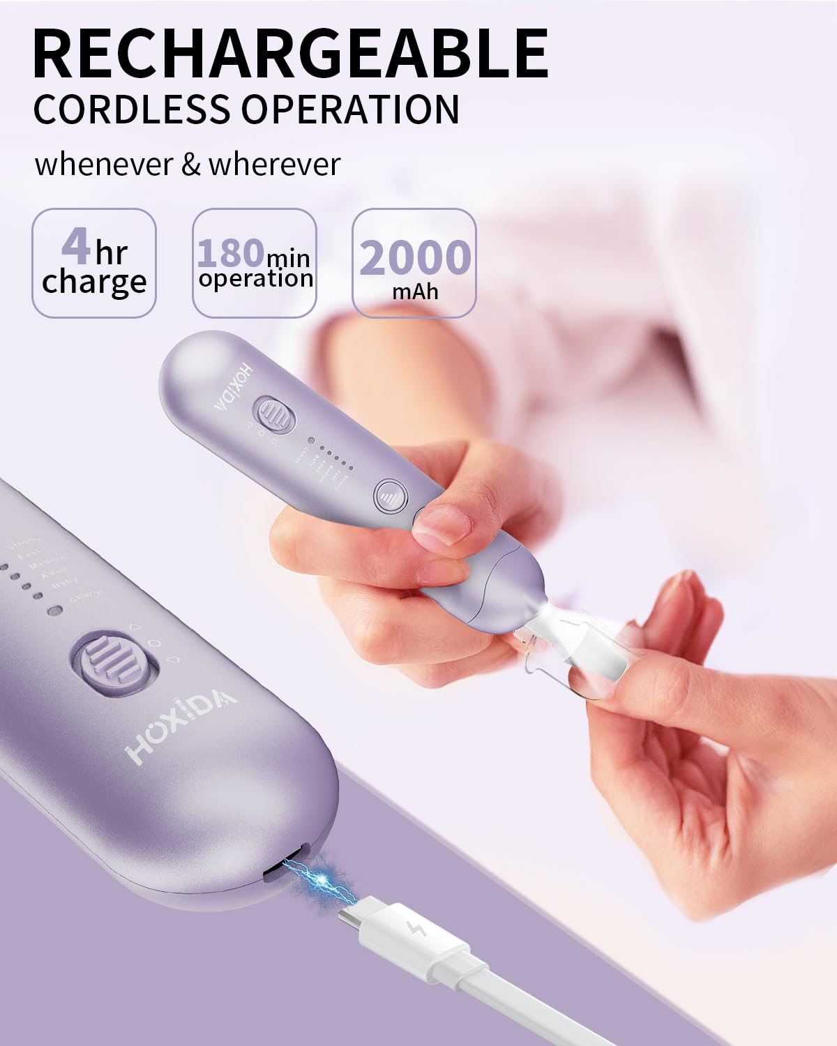 Professional Manicure Pedicure Kit, Cordless Electric Nail File Set, Rechargeable Pedicure Tools for feet, 5 Speeds Hand Foot Care Nail Drill for Thick Nail Toenail Cuticle Women Men Baby Pets-Purple