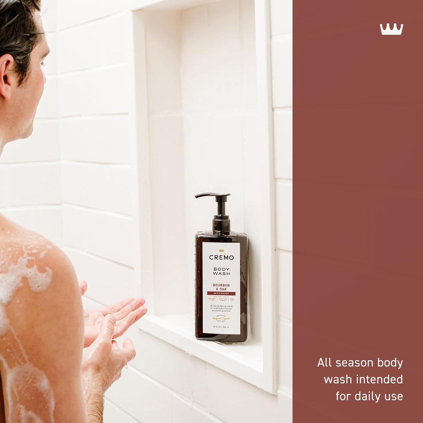 Cremo Rich-Lathering Bourbon & Oak Body Wash for Men, Notes of Distillers Spice, Fine Bourbon and White Oak, 32 Fl Oz