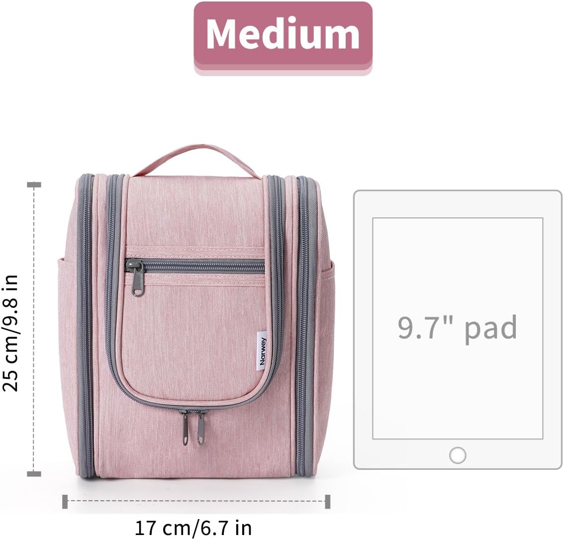 Narwey Small Hanging Toiletry Bag Women Travel Makeup Bag Organizer Toiletries Bag for Travel Size Essentials Accessories Cosmetics (Medium, Pink)