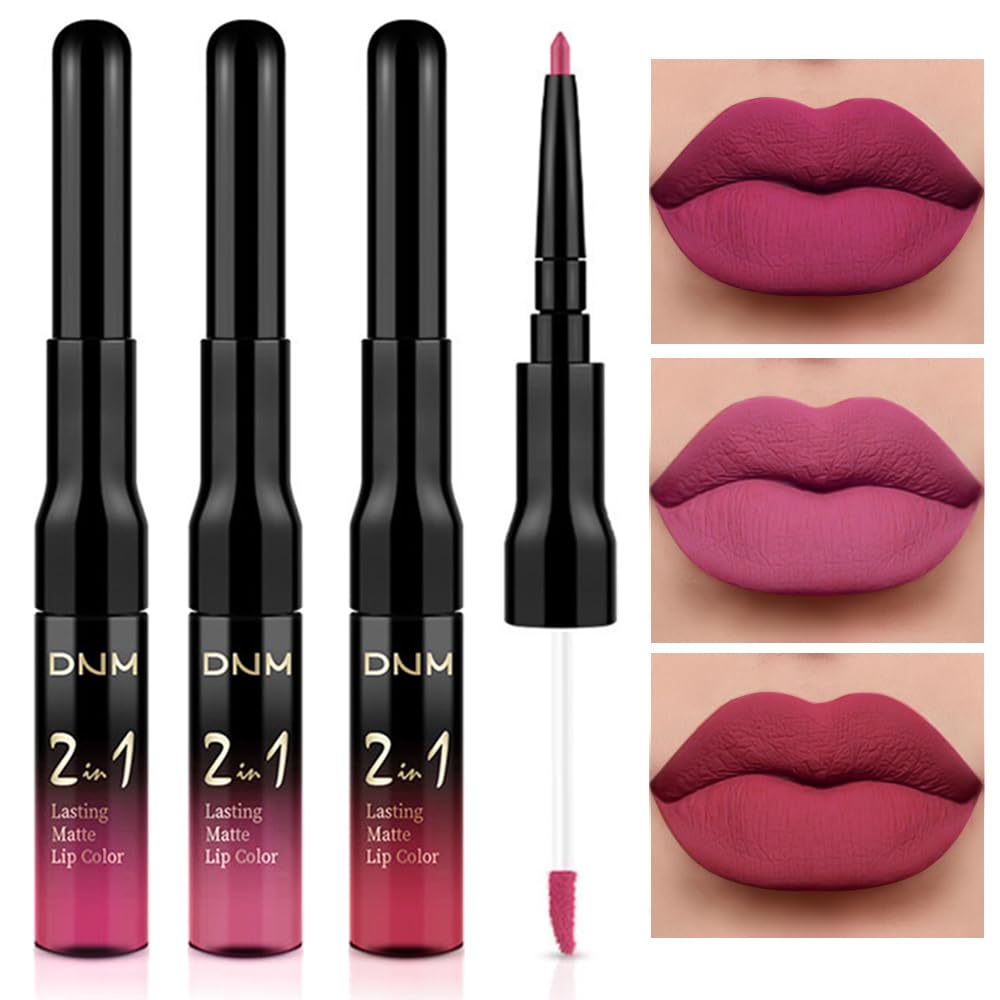 evpct 3Pcs Rose red plum Warm pink Deep cranberry Lip Stain Matte Lip Liner and Lipstick Set Long Lasting labiales matte mate larga duracion listip 24 hour a prueba de agua mate 24 horas originales