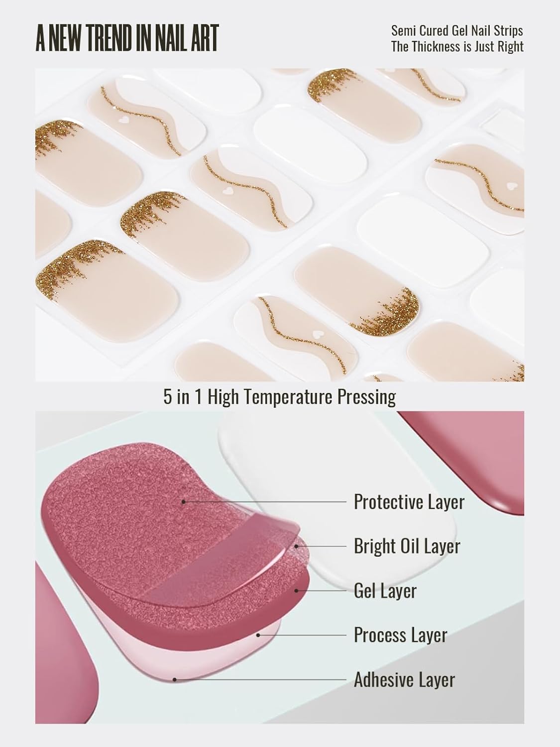 Semi Cured Gel Nail Strips, 30 Pcs Solid Color UV Stickers, Wraps for Home DIY, Salon Quality With Prep Pads, File & Wood Stick - Greenish Pink