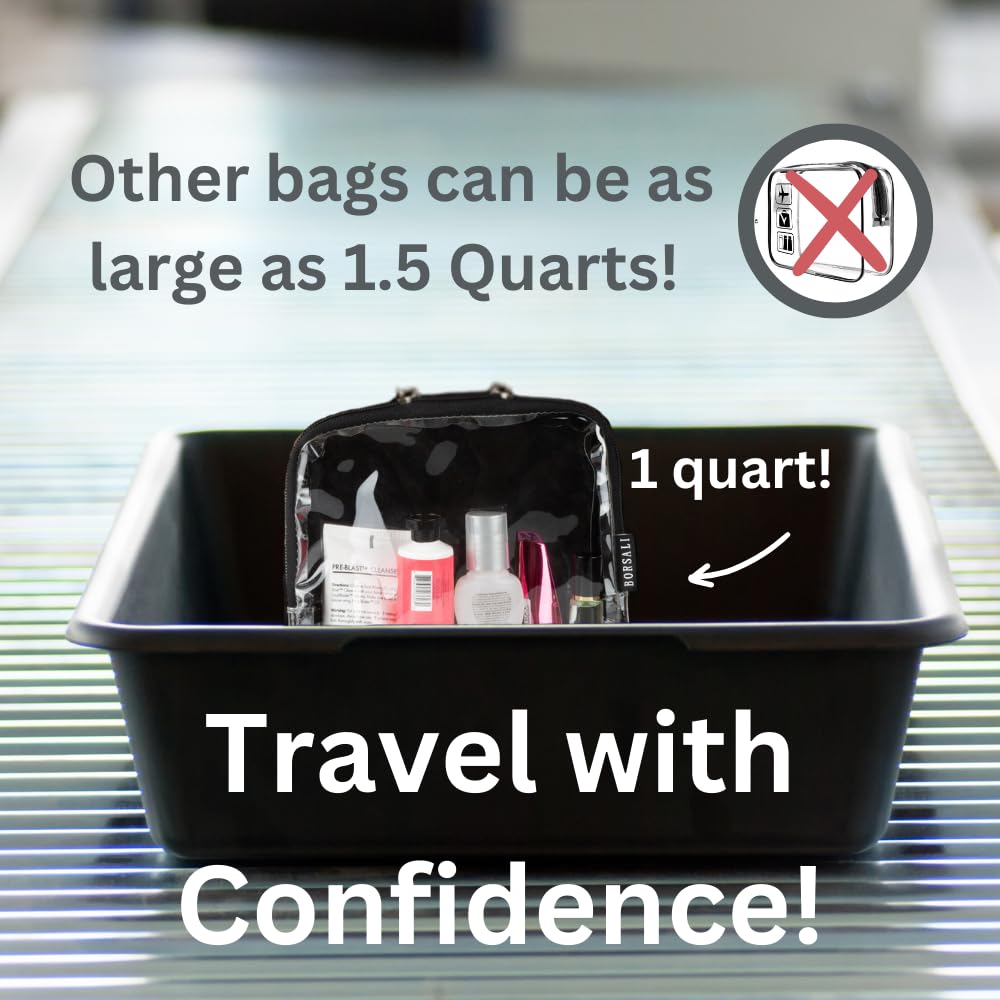 BORSALI TSA Quart Size Bag Approved for Carry On Travel - One (1) Quart Clear Toiletries, Cosmetic and 3-1-1 Liquids Toiletry Bag