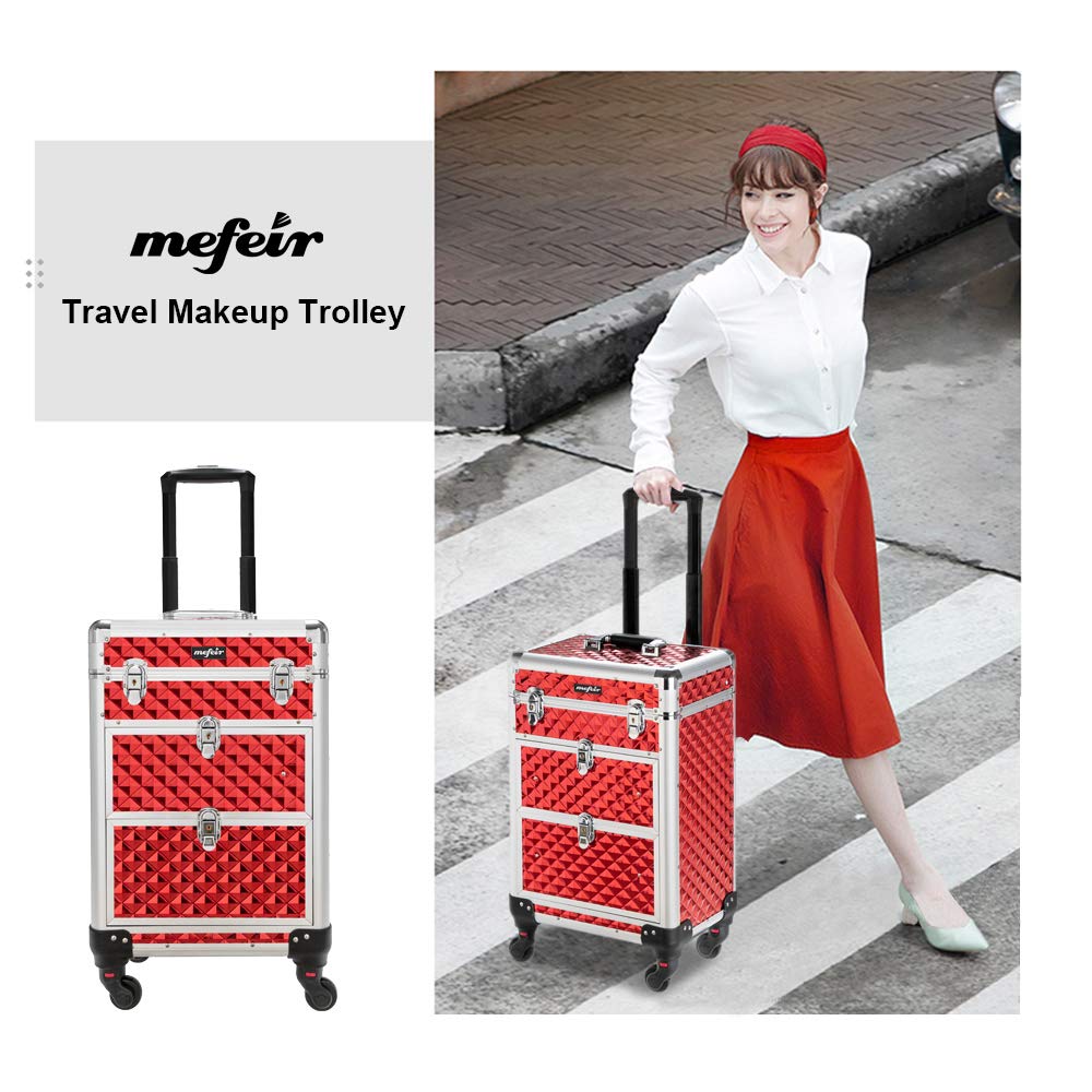 mefeir Aluminum Rolling Makeup Train Case, Portable Makeup Organizer Suitcase, Cosmetic Storage Box, Travel Beauty Luggage Trolley Lockable w/4 Removable Wheels & 2 Sliding Drawers (Red)