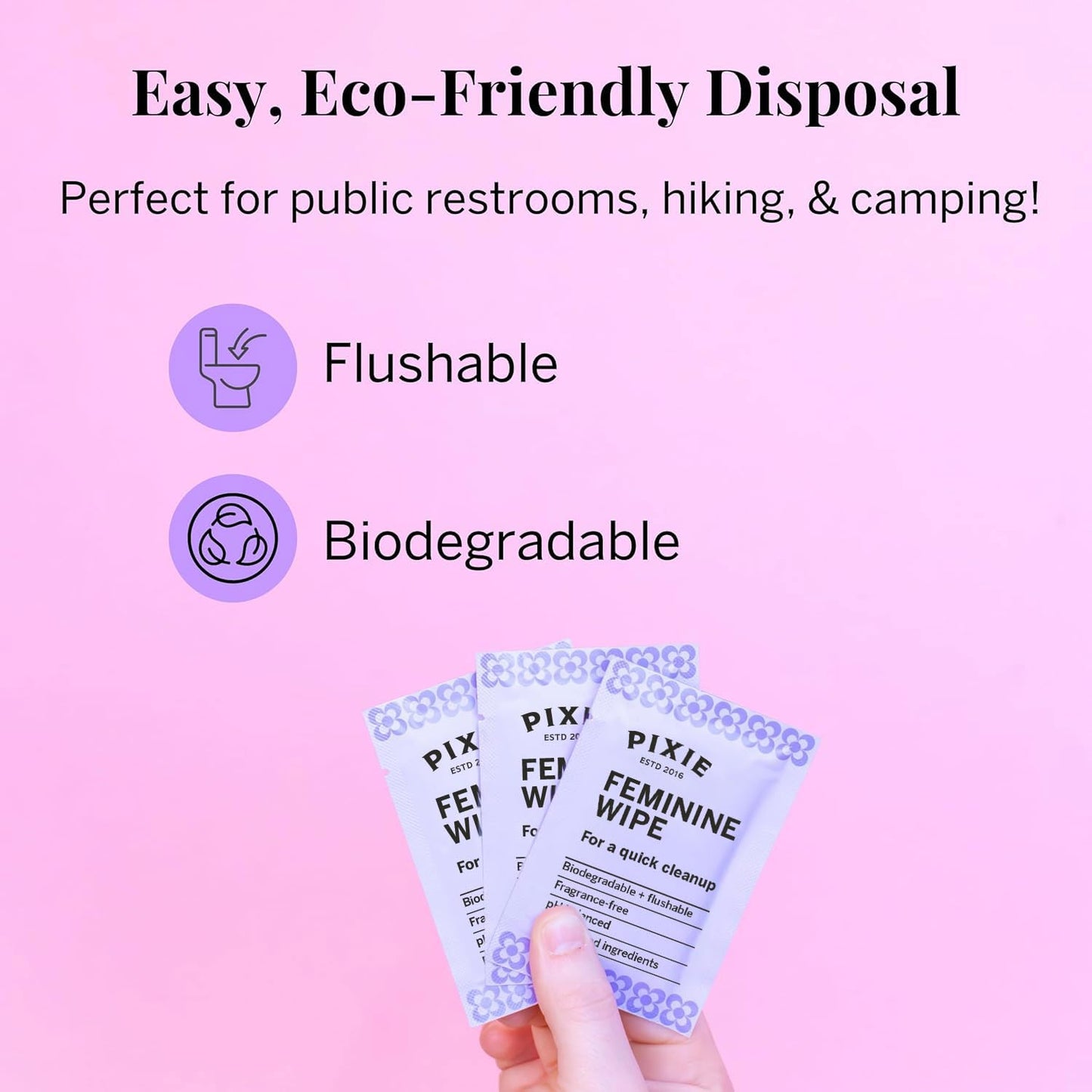 Pixie Feminine Wipes - Flushable, Biodegradable, & Ph Balanced - Best Individually Wrapped Packet Wipes for On The Go & Public Bathrooms - Wash, & Cleaner For Your Menstrual Cups & Discs (20 Count)