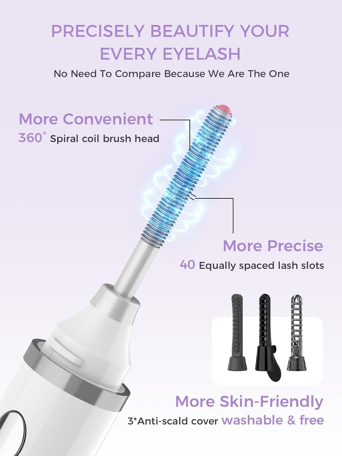 Smiling Shark Heated Eyelash Curler, 2025 New 360°Wand-Style Heated Lash Brush Rechargeable with 3 Brush Heads & 3 Temp 【Lengthen/Define/Curler】 3-in-1 Lash Curler for All Types of Lashes, White