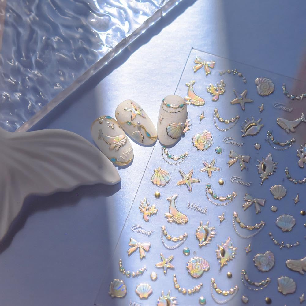 Pearl Ocean Nail Stickers 3D Self-Adhesive Shell Nail Art Stickers Starfish Nail Decals 5D Embossed Coral Nails Supplies Gemstone Nails Designs Summer Nail Decoration for Women DIY Manicure 2 Sheets