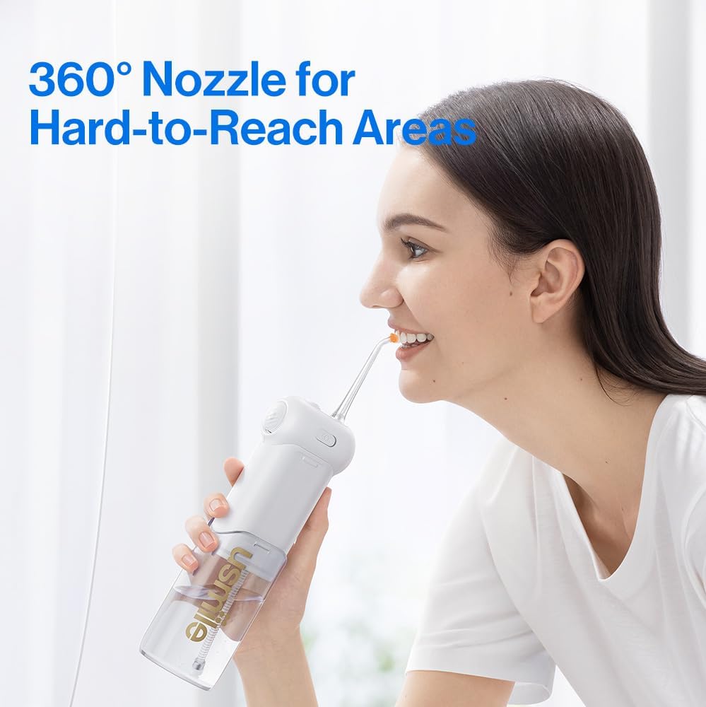 usmile C10 Portable Water Flosser – Travel-Friendly, 95-Day Battery, 4 Modes, 360° Nozzle, 180ml Tank, IPX7 Waterproof, Dentist-Recommended for Braces, Implants & Sensitive Gums (White)