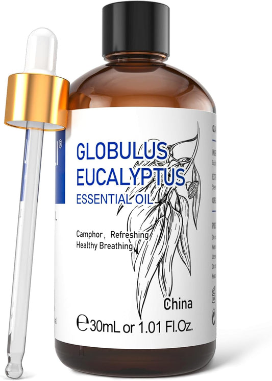 HIQILI Eucalyptus Essential Oil 1 Fl Oz, 100% Pure Natural Therapeutic Grade, Premium Grade Glass Dropper for Diffuser, Humidifier, Air Freshening, Cleaning, Home, Skin